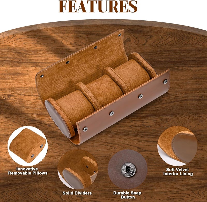 ROSELLE Watch Roll Travel Case for Men and Women- 3 Watch Storage and Organizer-Secure Storage with Innovative Removable Pillows & Solid Dividers for Home, Travel and Display(Brown) - Image 3